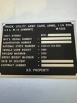 M1025 Mos Data Plate. Fixed Price $20.00.