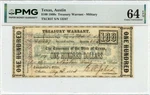 1863 $100 Austin, Texas Obsolete Note Military Treasury Warrant Pmg CU64 Epq. Fixed Price $568.99.